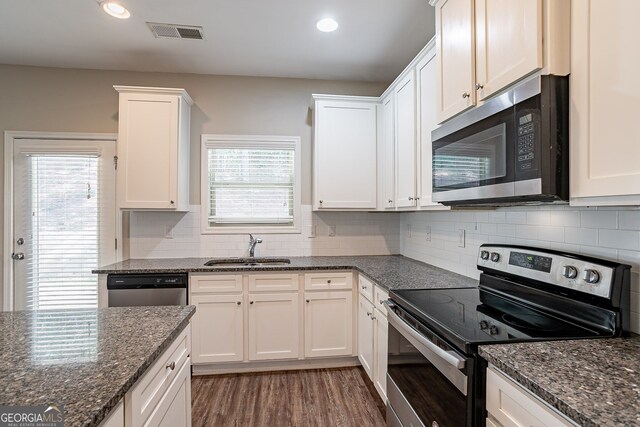 kitchen with white cabinetry, appliances with stainless steel finishes, a healthy amount of sunlight, and sink