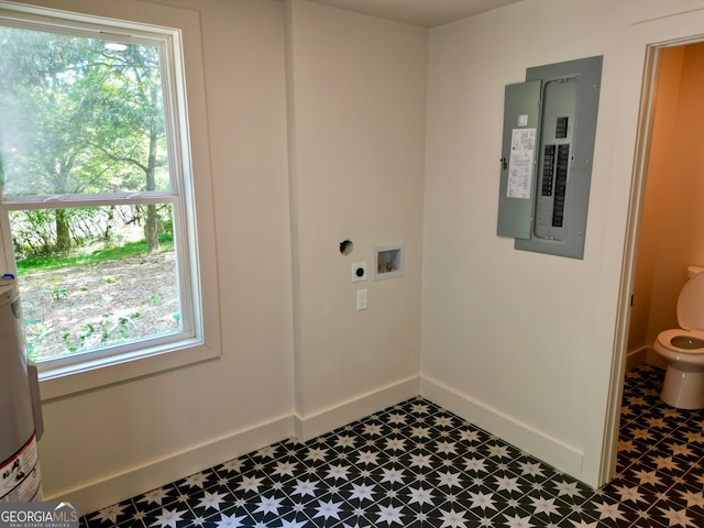 laundry area with washer hookup, electric panel, water heater, and electric dryer hookup