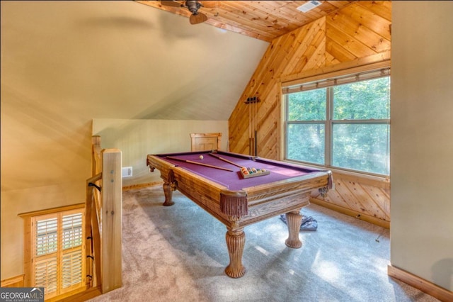 playroom featuring ceiling fan, wood ceiling, carpet, pool table, and vaulted ceiling