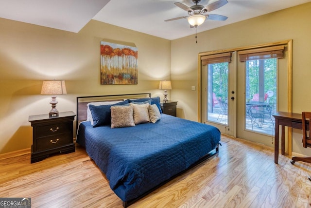 bedroom with access to outside, ceiling fan, and light hardwood / wood-style flooring