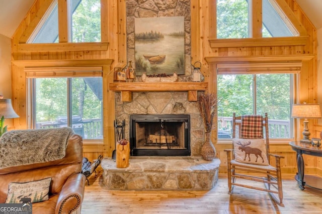 living room featuring a wealth of natural light, hardwood / wood-style flooring, and a fireplace