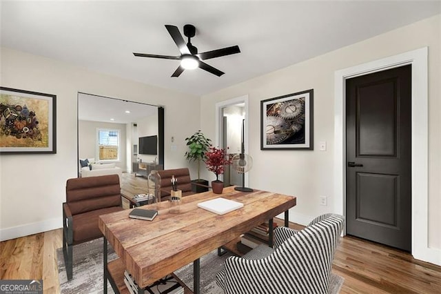 dining area featuring ceiling fan and hardwood / wood-style floors