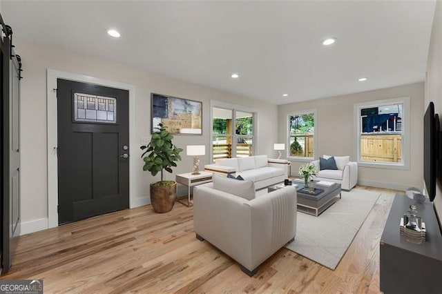 living room featuring light wood-type flooring and a barn door