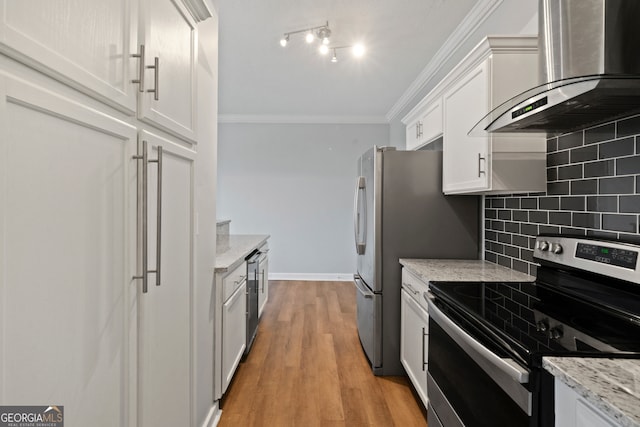 kitchen with white cabinets, wall chimney exhaust hood, electric stove, light wood-type flooring, and decorative backsplash