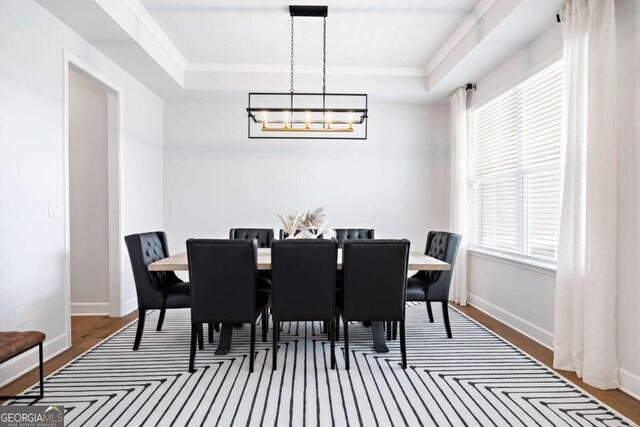 dining space with wood-type flooring, a raised ceiling, and a healthy amount of sunlight