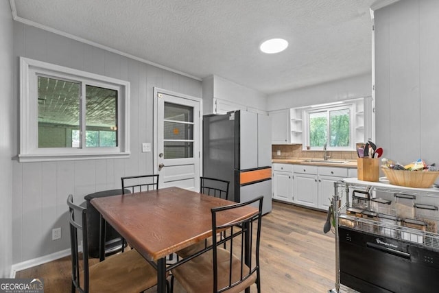 dining space featuring wood walls, sink, a textured ceiling, light wood-type flooring, and crown molding