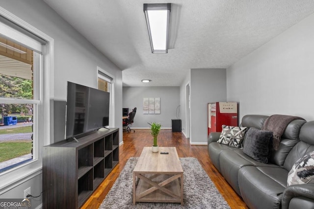 living room with a textured ceiling, hardwood / wood-style floors, and a healthy amount of sunlight