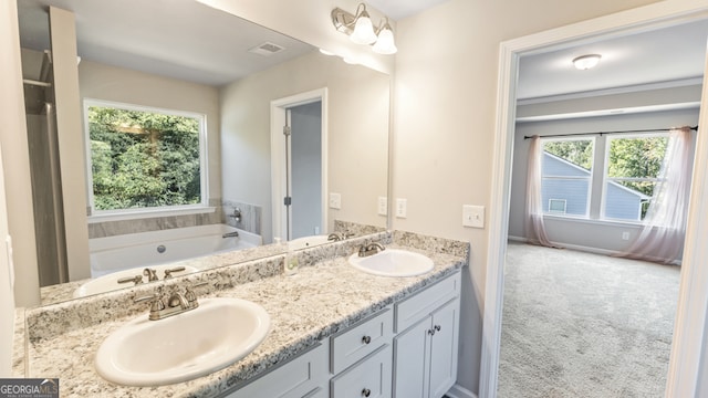 bathroom with a tub, plenty of natural light, and vanity