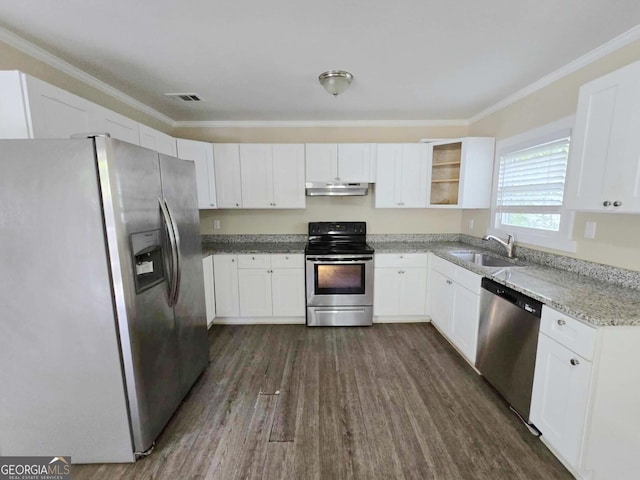 kitchen with dark hardwood / wood-style floors, white cabinetry, sink, and appliances with stainless steel finishes