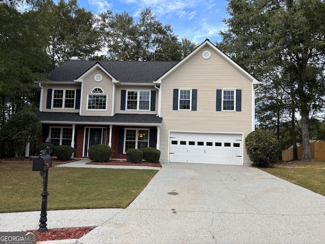 view of property with a garage and a front lawn