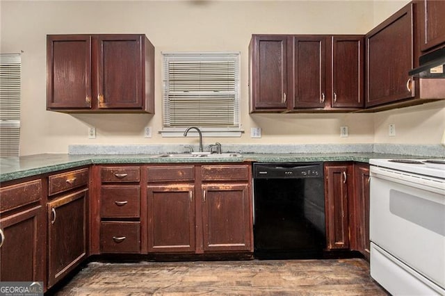 kitchen with white range with electric cooktop, wood-type flooring, sink, and black dishwasher