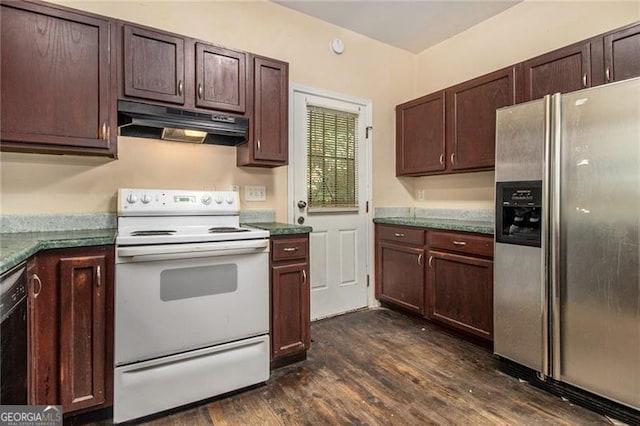 kitchen with stainless steel fridge, white electric range oven, dark stone counters, black dishwasher, and dark wood-type flooring