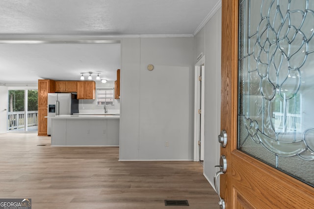 foyer entrance featuring ornamental molding, sink, and light hardwood / wood-style flooring