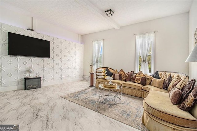 living room featuring a textured ceiling