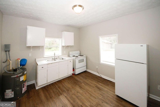 kitchen featuring white cabinets, dark hardwood / wood-style floors, sink, and white appliances