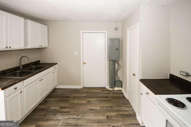 kitchen with a textured ceiling, dark hardwood / wood-style floors, electric panel, sink, and white cabinets