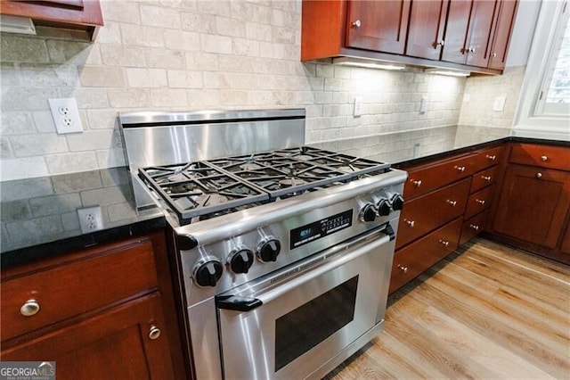 kitchen featuring decorative backsplash, stainless steel range, and light hardwood / wood-style flooring