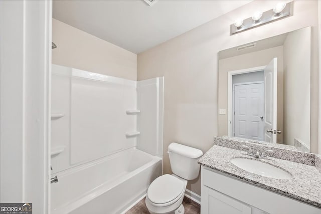 full bathroom featuring vanity, hardwood / wood-style floors, washtub / shower combination, and toilet