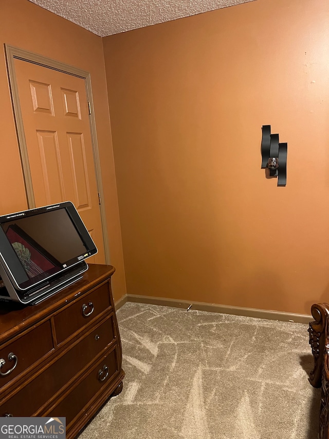 interior space featuring a textured ceiling and carpet floors