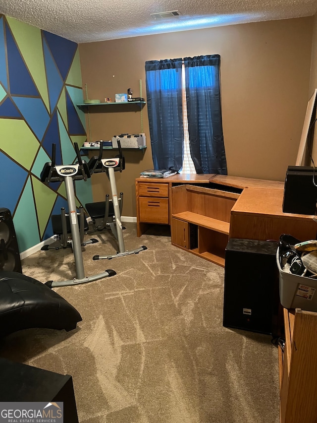 exercise room featuring a textured ceiling and light colored carpet