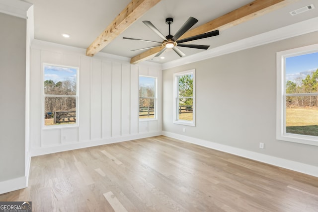 unfurnished room with ceiling fan, beam ceiling, light hardwood / wood-style floors, and a healthy amount of sunlight