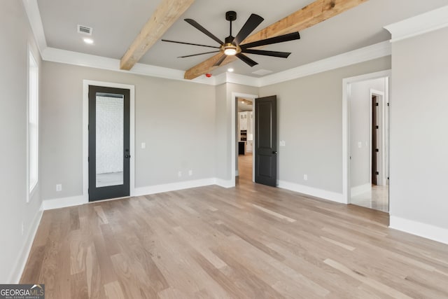 unfurnished room featuring crown molding, ceiling fan, beam ceiling, and light wood-type flooring