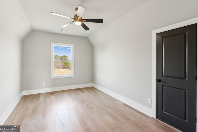 bonus room featuring ceiling fan, lofted ceiling, and light hardwood / wood-style floors