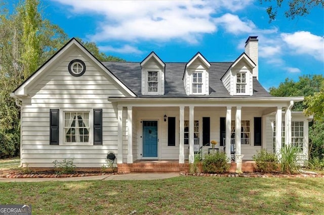 cape cod-style house with a porch and a front lawn