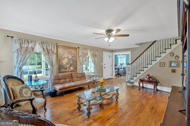 living room featuring hardwood / wood-style flooring, ceiling fan, and ornamental molding