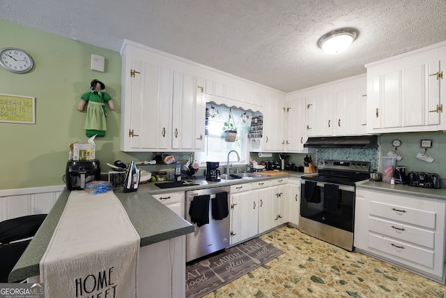 kitchen featuring stainless steel appliances, white cabinets, kitchen peninsula, and sink