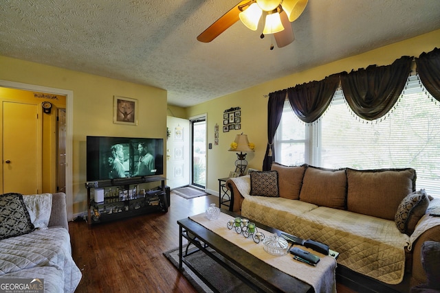 living room featuring ceiling fan, a textured ceiling, and dark hardwood / wood-style floors