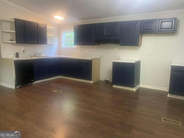 kitchen with ventilation hood, ornamental molding, vaulted ceiling, and dark hardwood / wood-style flooring