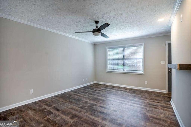 unfurnished room with dark wood-type flooring, ceiling fan, ornamental molding, and a textured ceiling