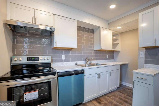 1235 Riverside Dr Unit C8, Gainesville, GA 30501 - kitchen featuring stainless steel electric range, dishwasher, ventilation hood, dark wood-type flooring, and tasteful backsplash