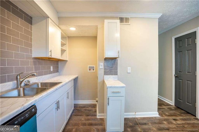 1235 Riverside Dr Unit C8, Gainesville, GA 30501 - kitchen with ornamental molding, dishwasher, dark wood-style floors, and decorative backsplash