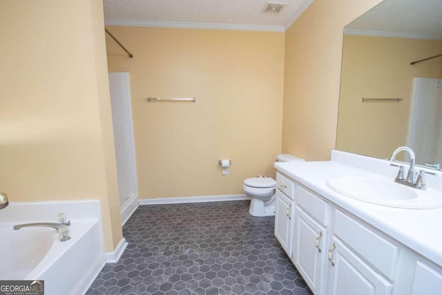 bathroom featuring ornamental molding, a bathing tub, toilet, and vanity