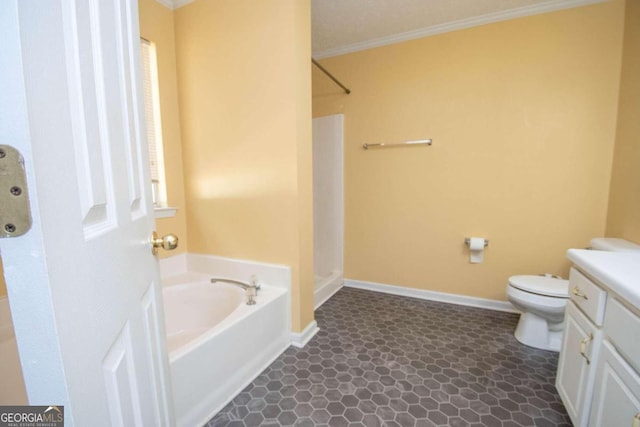 bathroom with ornamental molding, toilet, vanity, and a tub