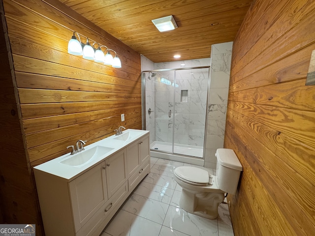 bathroom with an enclosed shower, wooden walls, wooden ceiling, vanity, and toilet