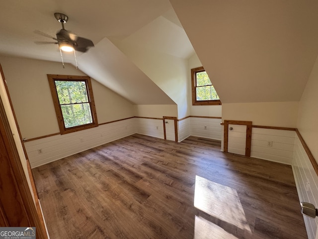 bonus room with lofted ceiling, wainscoting, and wood finished floors