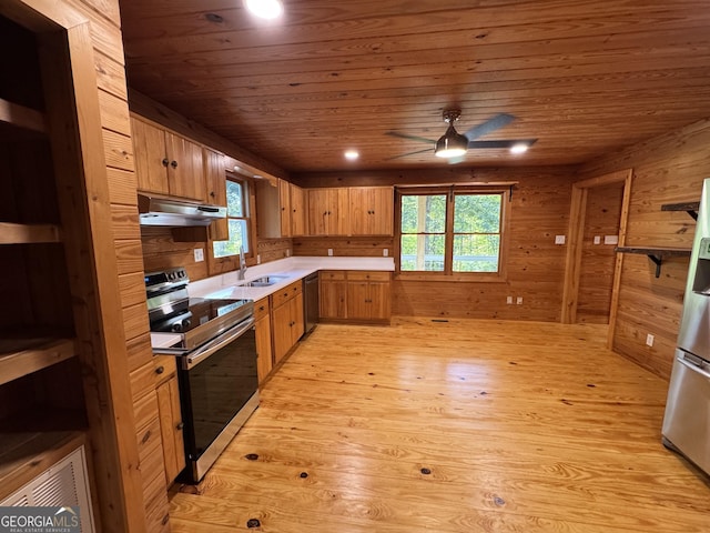 kitchen featuring stainless steel appliances, wood ceiling, brown cabinetry, and light countertops