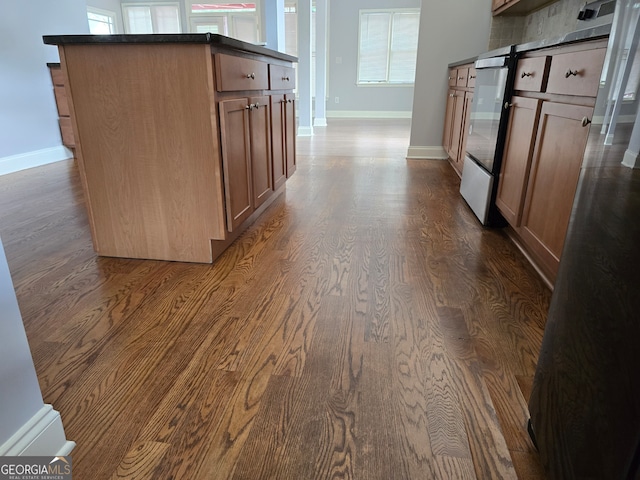 kitchen with dark hardwood / wood-style floors and a barn door