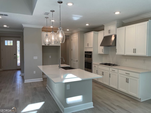 kitchen with sink, stainless steel appliances, range hood, decorative light fixtures, and a center island with sink