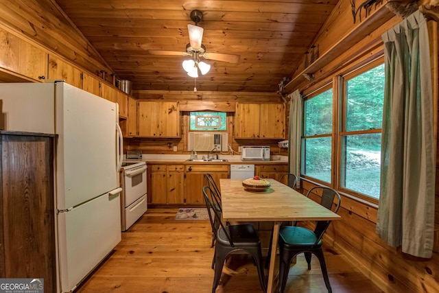 kitchen with vaulted ceiling, wood ceiling, light hardwood / wood-style floors, and white appliances