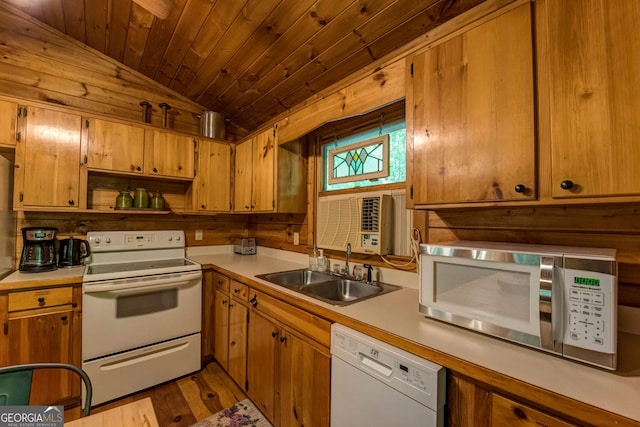 kitchen with sink, light hardwood / wood-style floors, lofted ceiling, white appliances, and wood ceiling