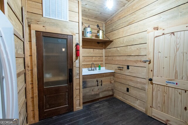 1651 Mergendollar Rd, Good Hope, GA 30641 - bathroom featuring hardwood / wood-style floors, wooden walls, a sink, and wood ceiling