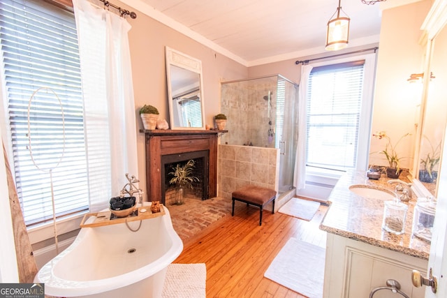 1651 Mergendollar Rd, Good Hope, GA 30641 - bathroom with crown molding, a shower stall, a freestanding tub, and vanity