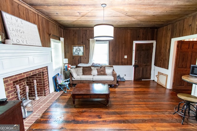 1651 Mergendollar Rd, Good Hope, GA 30641 - living room featuring wood walls, wooden ceiling, hardwood / wood-style floors, and a fireplace