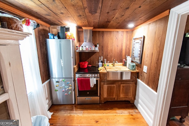 1651 Mergendollar Rd, Good Hope, GA 30641 - kitchen featuring wooden ceiling, a sink, island exhaust hood, wood walls, and stainless steel appliances