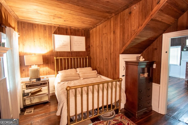 1651 Mergendollar Rd, Good Hope, GA 30641 - bedroom featuring wood walls, visible vents, hardwood / wood-style floors, lofted ceiling, and wood ceiling