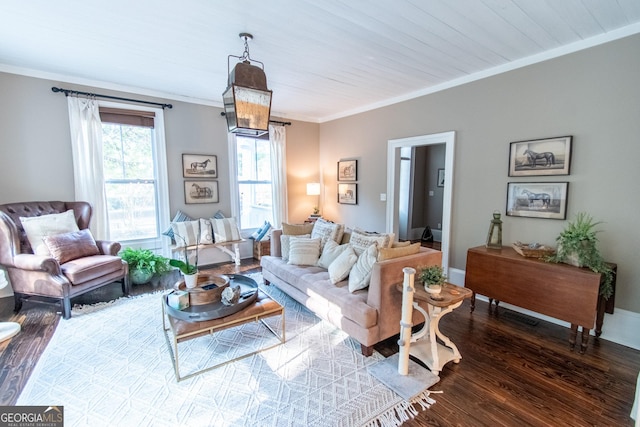 1651 Mergendollar Rd, Good Hope, GA 30641 - living room with dark wood-style floors, baseboards, and ornamental molding
